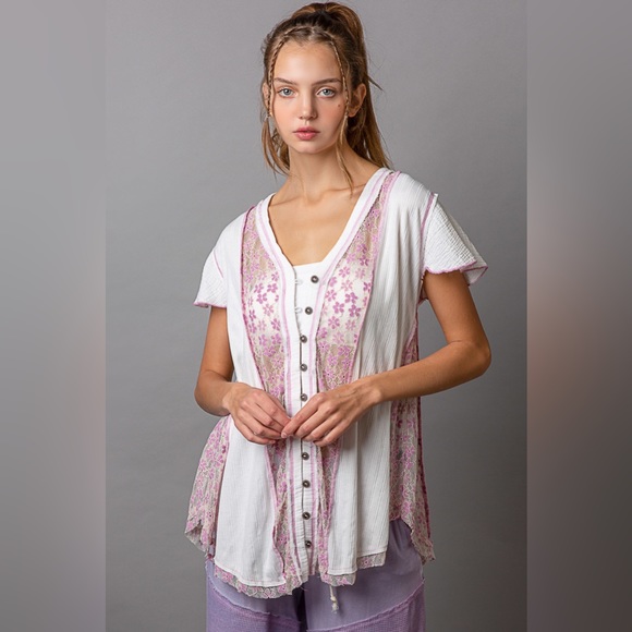 POL Tops - POL Ivory Lavender Top | Short Sleeve | Purple Lace | Raw Hem